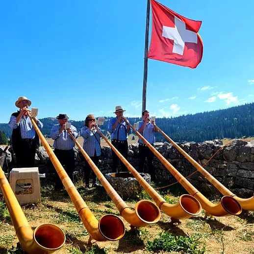 6 cors des alpes en formation sous un drapeau suisse